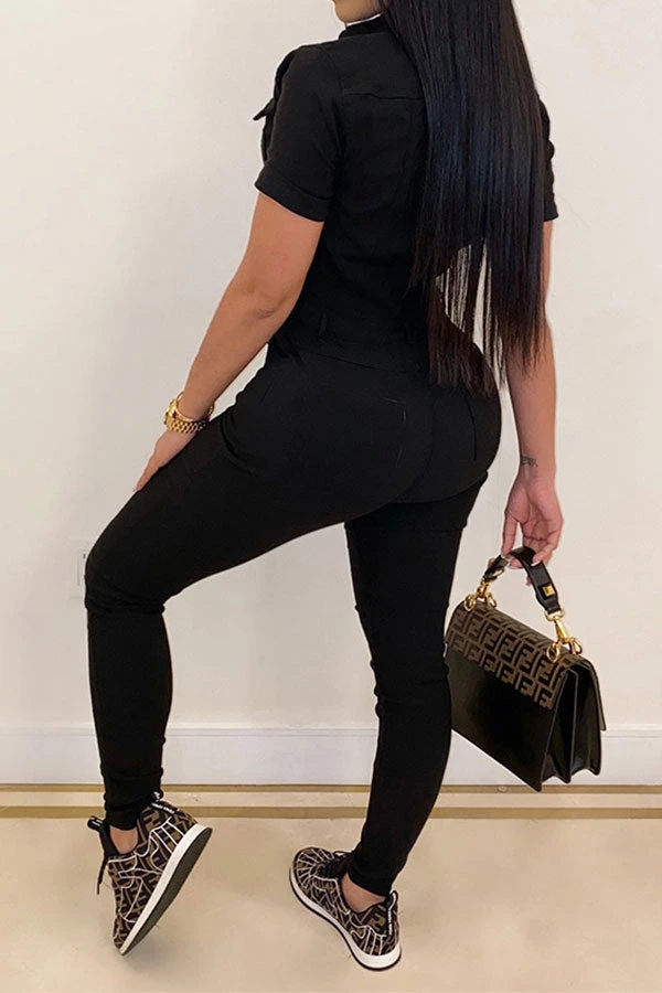 Solid Color Classic Button Thru Bodycon Jumpsuit 4 Solid Color Classic Button Thru Bodycon Jumpsuit - Image 4