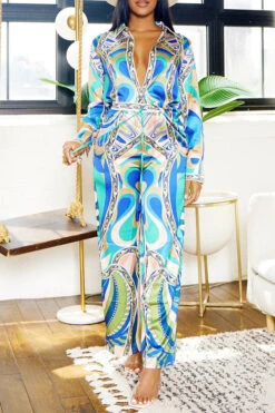 Tribal Print Patchwork Laid Back Pant Suit -Clothing Outlet Store H23080750 BL 2