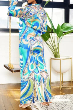 Tribal Print Patchwork Laid Back Pant Suit -Clothing Outlet Store H23080750 BL 3