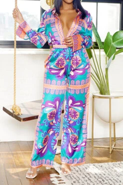 Tribal Print Patchwork Laid Back Pant Suit -Clothing Outlet Store H23080750 PU 1