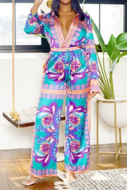 Tribal Print Patchwork Laid Back Pant Suit -Clothing Outlet Store H23080750 PU 3