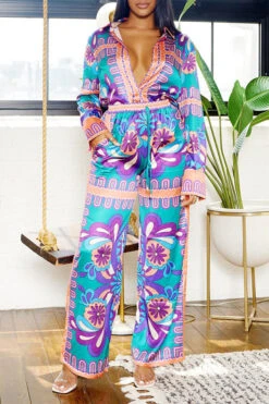 Tribal Print Patchwork Laid Back Pant Suit -Clothing Outlet Store H23080750 PU 4