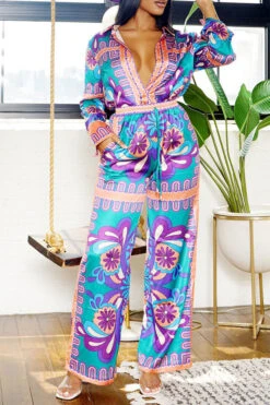 Tribal Print Patchwork Laid Back Pant Suit -Clothing Outlet Store H23080750 PU 5