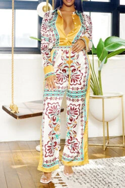 Tribal Print Patchwork Laid Back Pant Suit -Clothing Outlet Store H23080750 YE 2