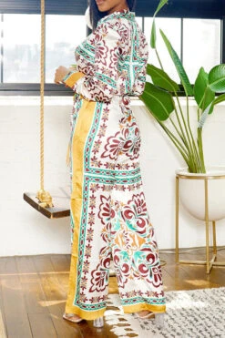 Tribal Print Patchwork Laid Back Pant Suit -Clothing Outlet Store H23080750 YE 3