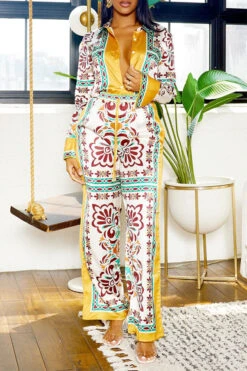Tribal Print Patchwork Laid Back Pant Suit -Clothing Outlet Store H23080750 YE 4