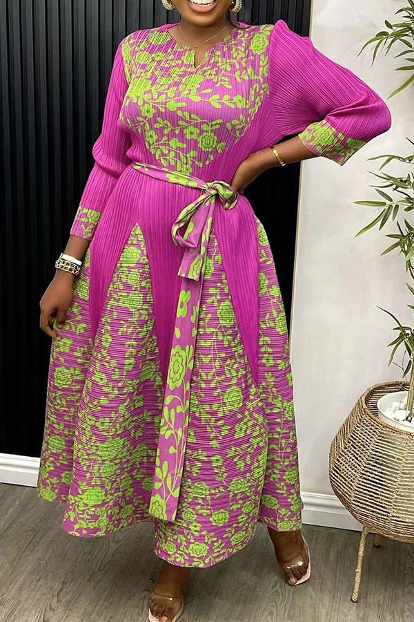 Floral Print Patchwork Pretty Belted Pleated Midi Dress 2 Floral Print Patchwork Pretty Belted Pleated Midi Dress - Image 2