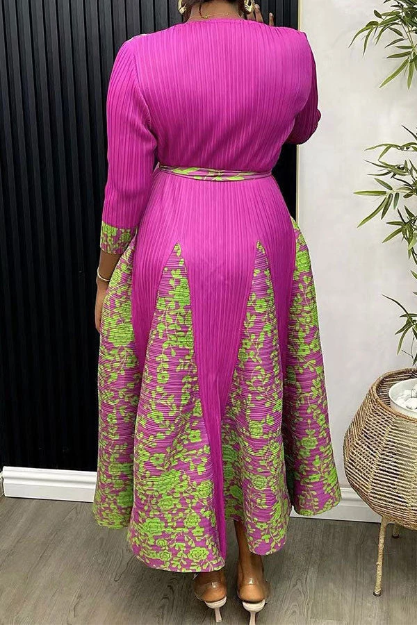 Floral Print Patchwork Pretty Belted Pleated Midi Dress 3 Floral Print Patchwork Pretty Belted Pleated Midi Dress - Image 3