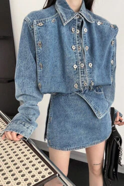 Solid Color Button Design On-trend Denim Coat & Skirt -Clothing Outlet Store H23080761 BL 3
