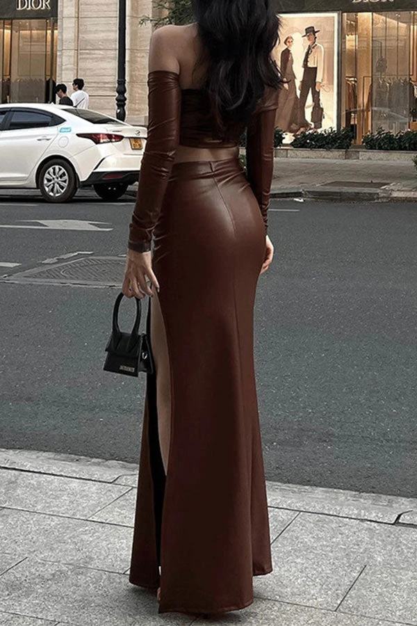 Solid Color Cool High Split Asymmetric PU Skirt Suit 4 Solid Color Cool High Split Asymmetric PU Skirt Suit - Image 4