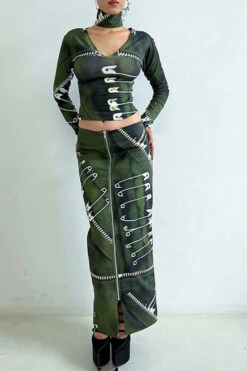 Pin Print Flattering Zipper Skirt Suit
