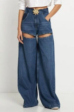 Metal Decor Twist Knot Patchwork Feminine Cutout Jeans