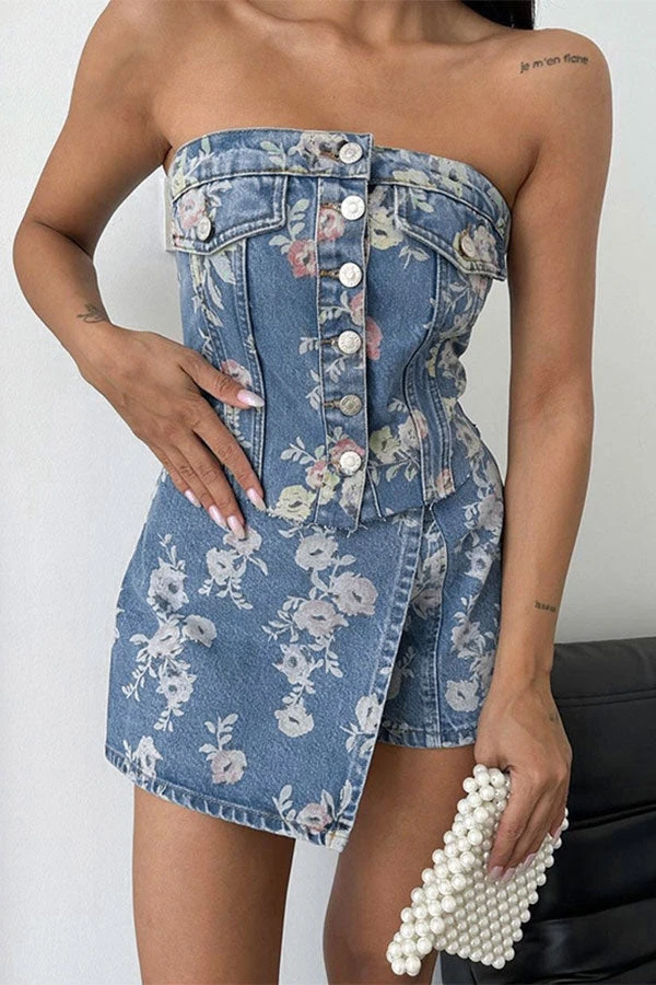 Floral Print Retro Button Thru Denim Camisole 1 Floral Print Retro Button Thru Denim Camisole
