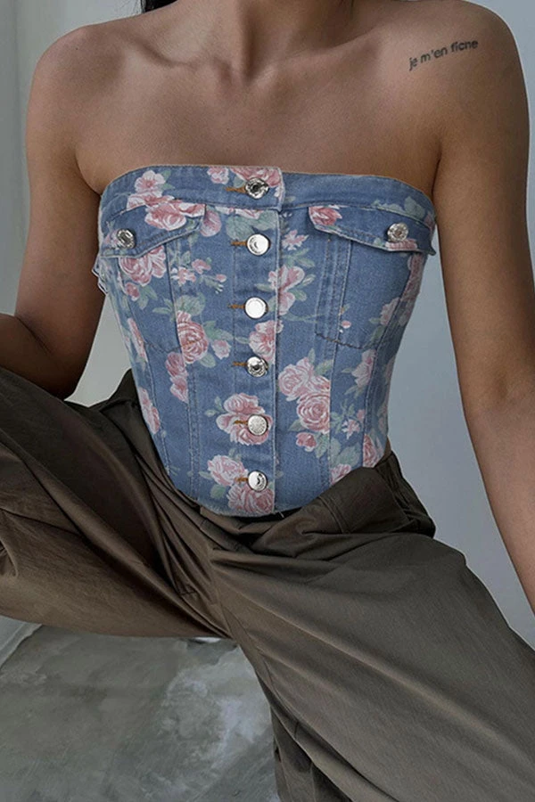 Floral Print Retro Button Thru Denim Camisole 2 Floral Print Retro Button Thru Denim Camisole - Image 2