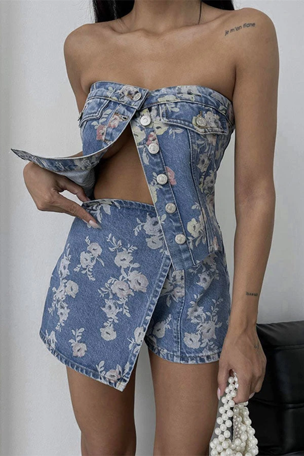 Floral Print Retro Button Thru Denim Camisole 3 Floral Print Retro Button Thru Denim Camisole - Image 3