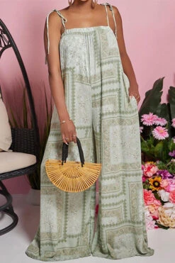 Tribal Print Tie Shoulder Relaxed Wide Leg Jumpsuit