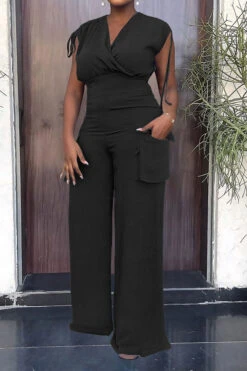 Solid Color Drawstring Feminine Patch Pocket Pant Suit -Clothing Outlet Store H23081444 BK 1