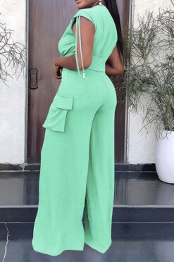 Solid Color Drawstring Feminine Patch Pocket Pant Suit -Clothing Outlet Store H23081444 GR 3