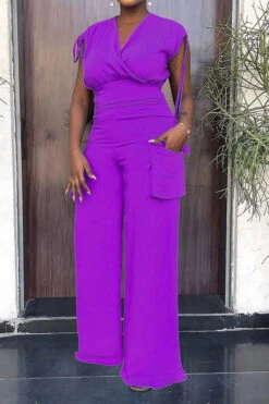 Solid Color Drawstring Feminine Patch Pocket Pant Suit -Clothing Outlet Store H23081444 PU 1