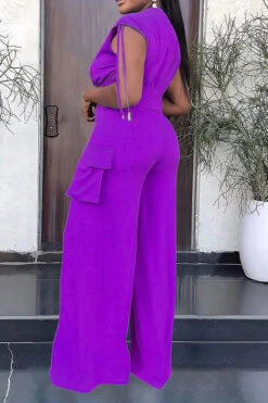 Solid Color Drawstring Feminine Patch Pocket Pant Suit -Clothing Outlet Store H23081444 PU 3