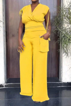 Solid Color Drawstring Feminine Patch Pocket Pant Suit