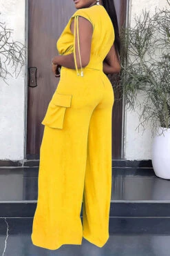 Solid Color Drawstring Feminine Patch Pocket Pant Suit -Clothing Outlet Store H23081444 YE 3