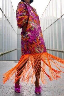 Leaf Print Bohemia Tassel Hem Midi Dress