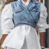 Outstanding Puff Sleeve White Blouse & Adjustable Denim Gilet