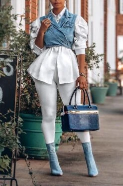 Outstanding Puff Sleeve White Blouse & Adjustable Denim Gilet -Clothing Outlet Store HP2012091 3