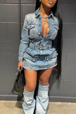 Blue On-trend Multi Pocket Denim Mini Dress -Clothing Outlet Store HP2212129 BL 6 7f9543f7 256f 4bd4 8e49 62c484d8553b