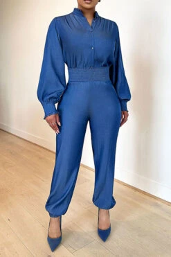 Solid Color Feminine Shirred Waist Jumpsuit