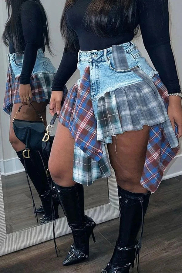 Plaid Patchwork Stylish Irregular Ruffle Hem Denim Shorts 1 Plaid Patchwork Stylish Irregular Ruffle Hem Denim Shorts