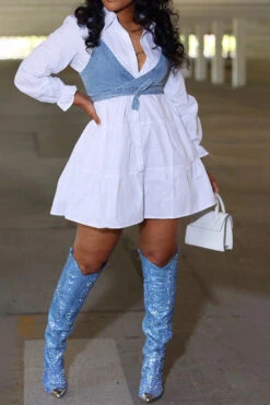 Color Block On-trend Tiered Mini Dress & Gilet -Clothing Outlet Store HP2305102 WH 2