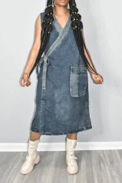 Patchwork Urban Lace-Up Denim Midi Dress -Clothing Outlet Store HP2306072 BL 3