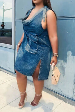 Patchwork Urban Lace-Up Denim Midi Dress -Clothing Outlet Store HP2306072 BL 5