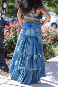 Hyperbolic Patchwork Tiered Ruffle Denim Skirt