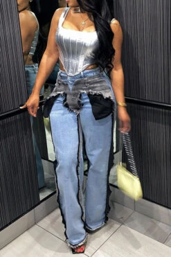 Hit Color Patchwork Hippy Tassel Jeans 9 Hit Color Patchwork Hippy Tassel Jeans -Clothing Outlet Store HP2307121 BL 4