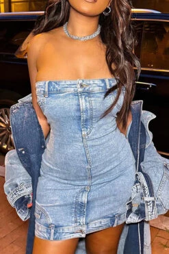 Blue Bandeau Unique Denim Mini Dress
