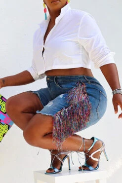 Ripped On-trend Side Tassel Denim Shorts 5 Ripped On-trend Side Tassel Denim Shorts -Clothing Outlet Store HP2307311 BL 3