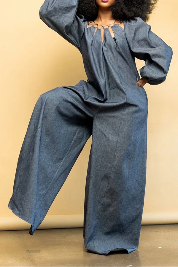 O-ring Design Cutout Cool Wide Leg Denim Jumpsuit 1 O-ring Design Cutout Cool Wide Leg Denim Jumpsuit