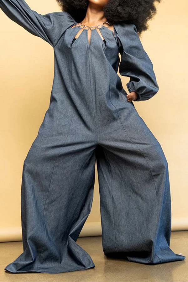 O-ring Design Cutout Cool Wide Leg Denim Jumpsuit 2 O-ring Design Cutout Cool Wide Leg Denim Jumpsuit - Image 2