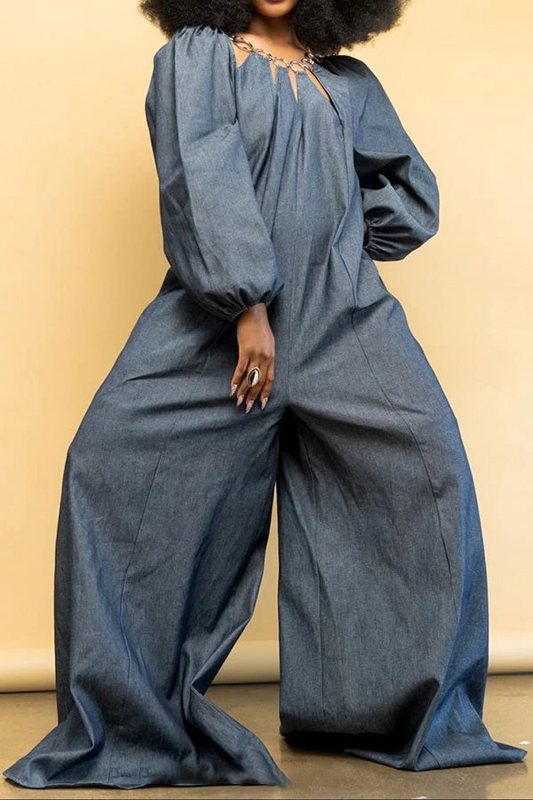 O-ring Design Cutout Cool Wide Leg Denim Jumpsuit 3 O-ring Design Cutout Cool Wide Leg Denim Jumpsuit - Image 3