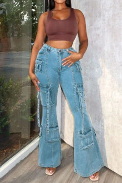Solid Color Classic Multi Pocket Bell Bottoms Jeans