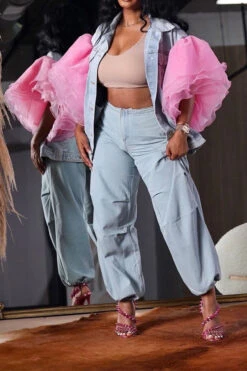 Patchwork Tulle Ruffle Sleeve On-trend Denim Coat -Clothing Outlet Store HP2308236 BL 4