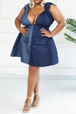 Color Block Smart Knotted Denim Mini Dress 7 Color Block Smart Knotted Denim Mini Dress -Clothing Outlet Store HP2308301 BL 3