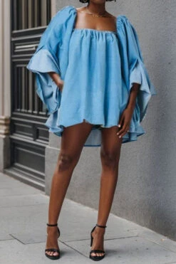 Solid Color Urban Swing Denim Mini Dress 7 Solid Color Urban Swing Denim Mini Dress -Clothing Outlet Store HP2308302 BL 4