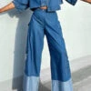 Color Block Cool Backless Patch Pocket Denim Pant Suit