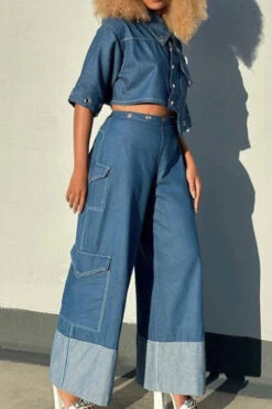 Color Block Cool Backless Patch Pocket Denim Pant Suit -Clothing Outlet Store HP2308308 BL 3