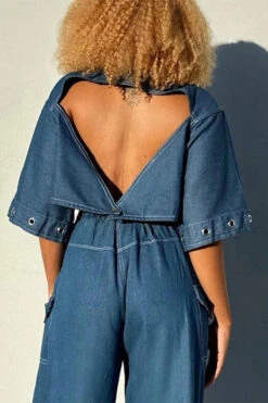 Color Block Cool Backless Patch Pocket Denim Pant Suit -Clothing Outlet Store HP2308308 BL 4