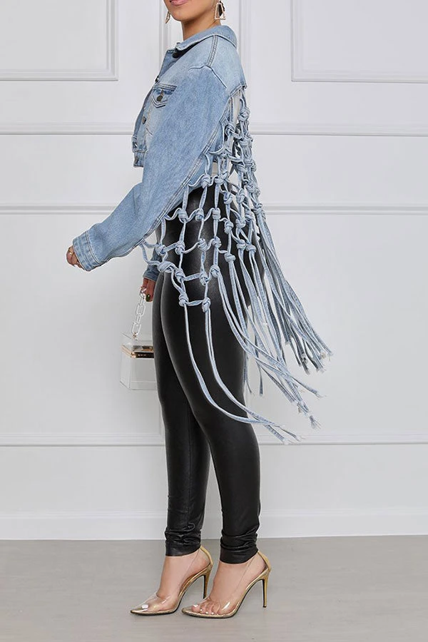 Solid Color Stylish Tassels Denim Jacket 3 Solid Color Stylish Tassels Denim Jacket - Image 3